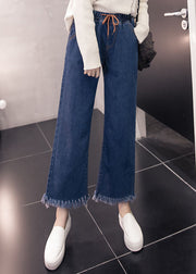 Loose Denim Blue Elastic Waist Drawstring Tassel Pockets Cotton Wide Leg Pants Summer