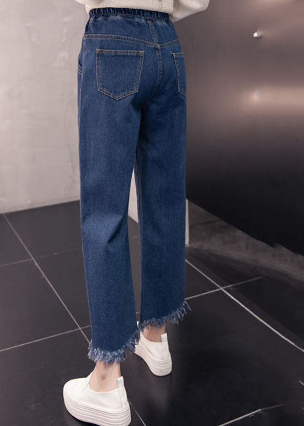 Loose Denim Blue Elastic Waist Drawstring Tassel Pockets Cotton Wide Leg Pants Summer