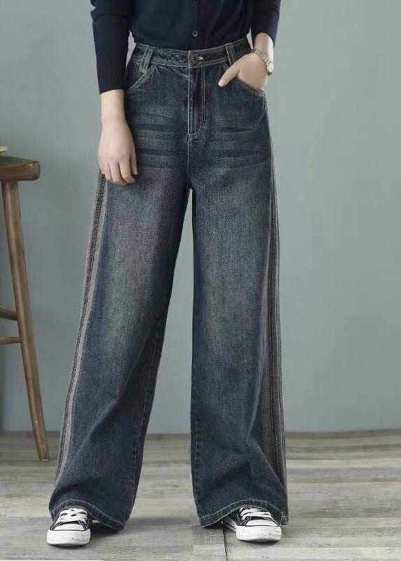 Loose Denim Blue High Waist Pockets Cotton Wide Leg Pants For Women Spring