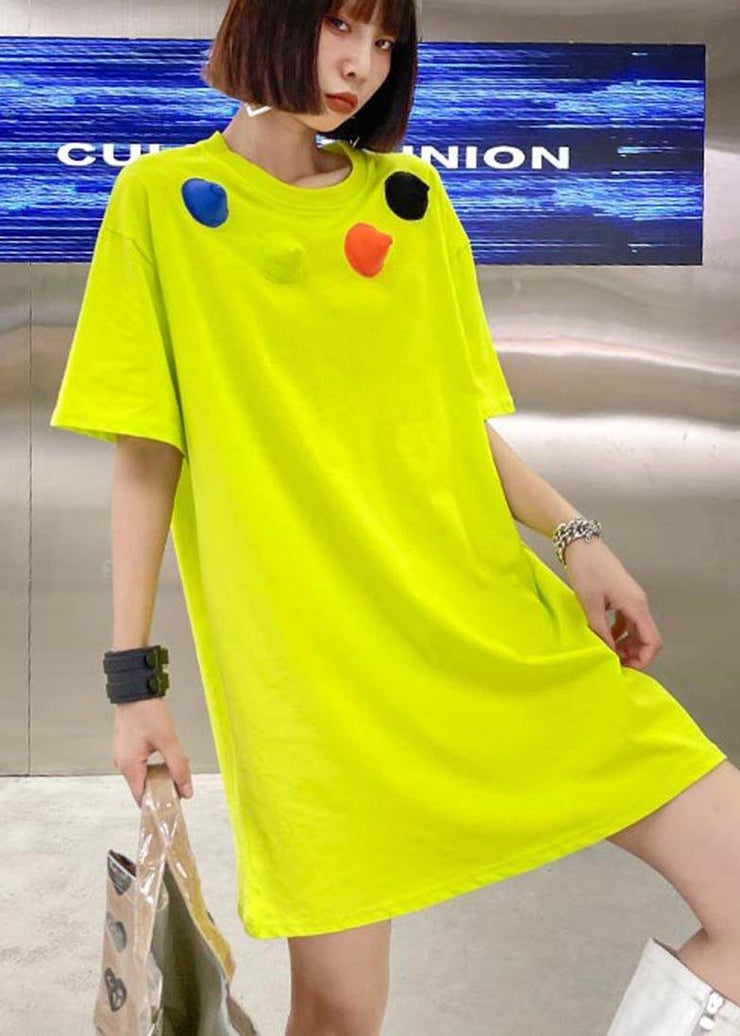 Loose Fluorescent Green Cotton O-Neck Half Sleeve Summer Dress - SooLinen