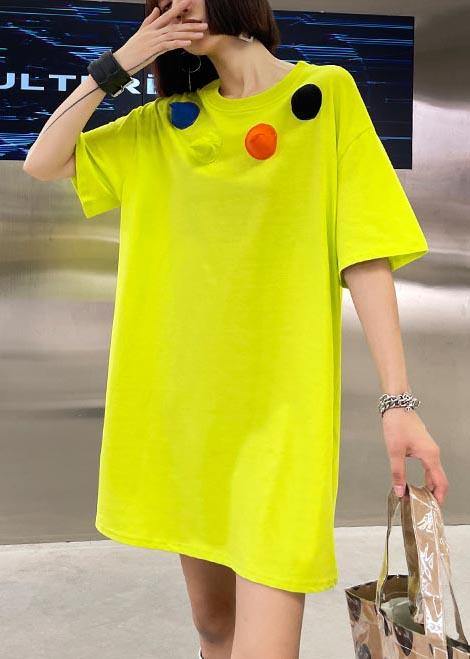 Loose Fluorescent Green Cotton O-Neck Half Sleeve Summer Dress - SooLinen