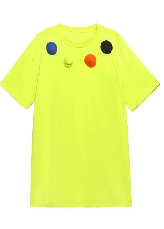 Loose Fluorescent Green Cotton O-Neck Half Sleeve Summer Dress - SooLinen