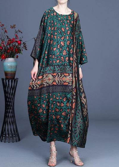 Loose Green Leopard Long sleeve Chiffon Holiday Dress Summer Spring - SooLinen