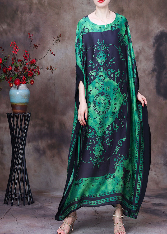 Loose Green O-Neck Asymmetrical Design Print Silk Beach Dress Gown Batwing Sleeve