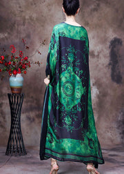 Loose Green O-Neck Asymmetrical Design Print Silk Beach Dress Gown Batwing Sleeve