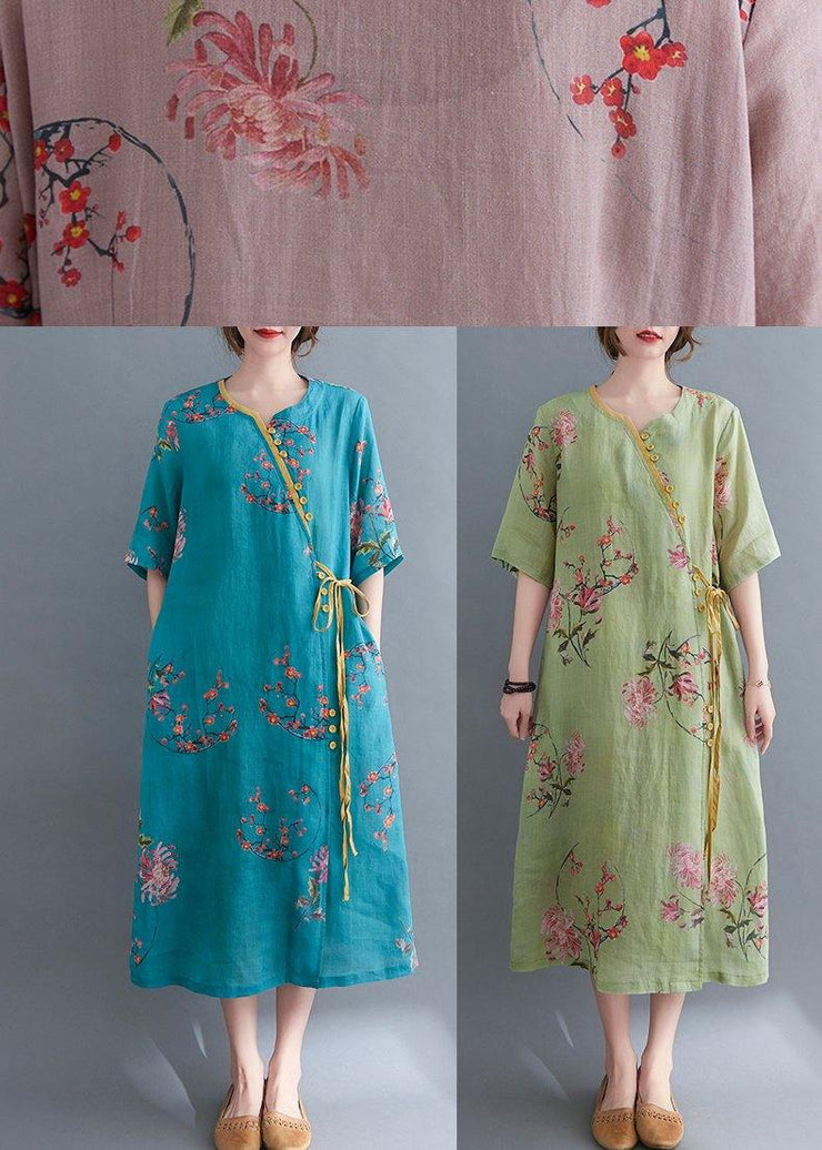 Loose Green Print Button Maxi Summer Cotton Dress - SooLinen