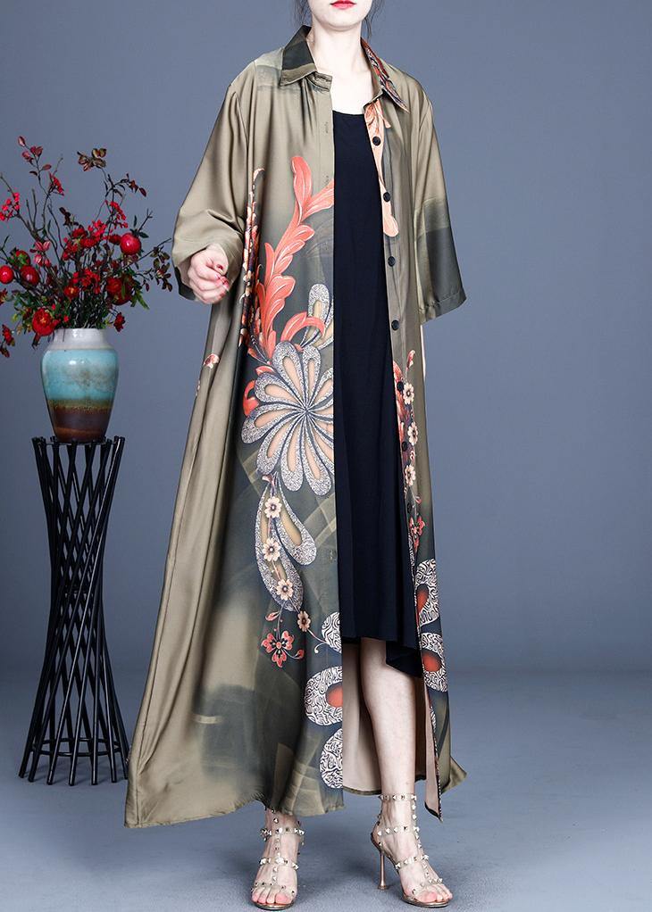 Loose Green Print Spring Long sleeve Long Loose Coat - SooLinen