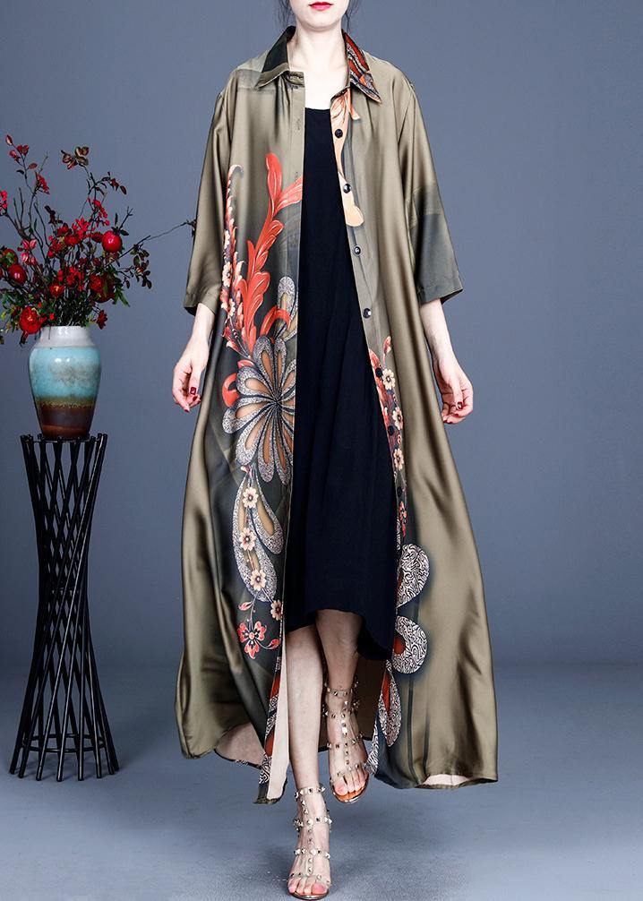 Loose Green Print Spring Long sleeve Long Loose Coat - SooLinen