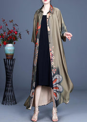 Loose Green Print Spring Long sleeve Long Loose Coat - SooLinen