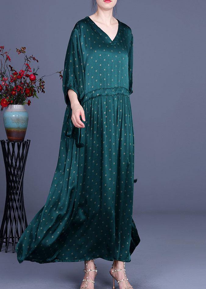 Loose Green Print Tie Waist Summer O-Neck Long Dress - SooLinen