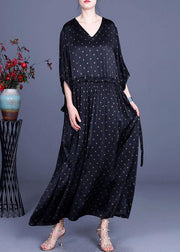 Loose Green Print Tie Waist Summer O-Neck Long Dress - SooLinen