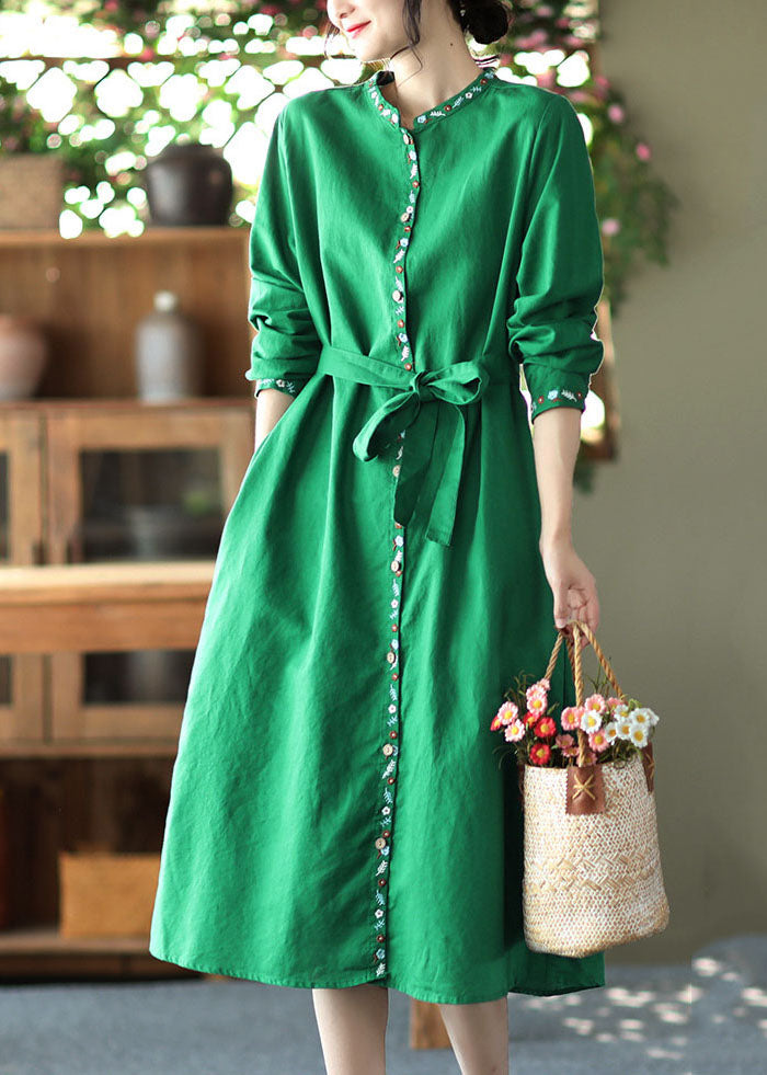 Loose Green Sashes Pockets Linen Holiday Dress Long Sleeve