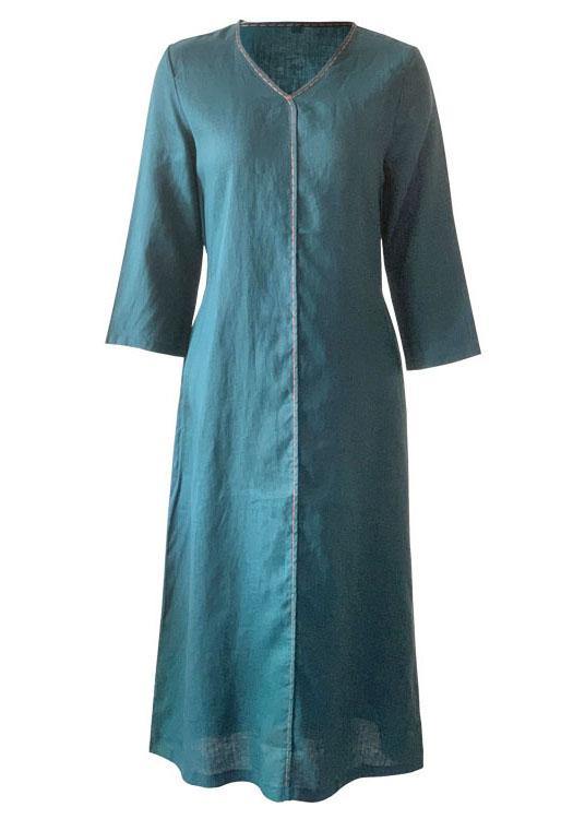 Loose Green V Necktie Waist A Line Summer Ramie Vacation Dresses - SooLinen