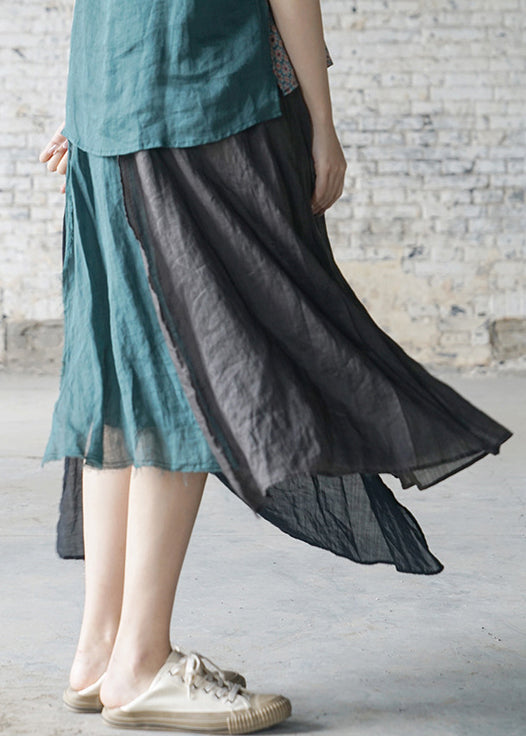 Loose Green elastic waist asymmetrical design Linen Skirts Spring