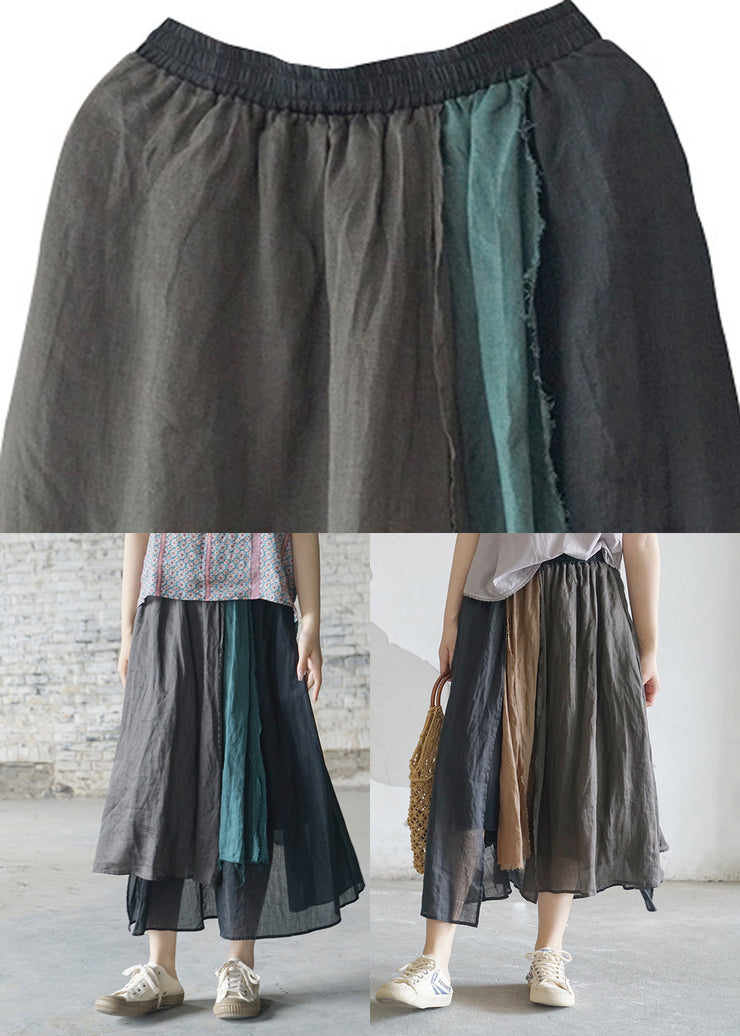 Loose Green elastic waist asymmetrical design Linen Skirts Spring