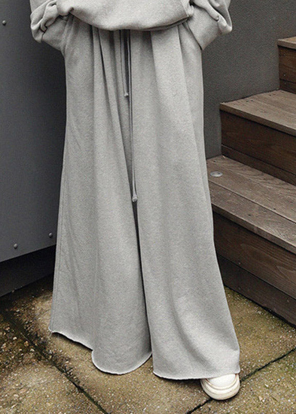 Loose Grey Pockets Tie Waist Cotton Crop Pants Spring