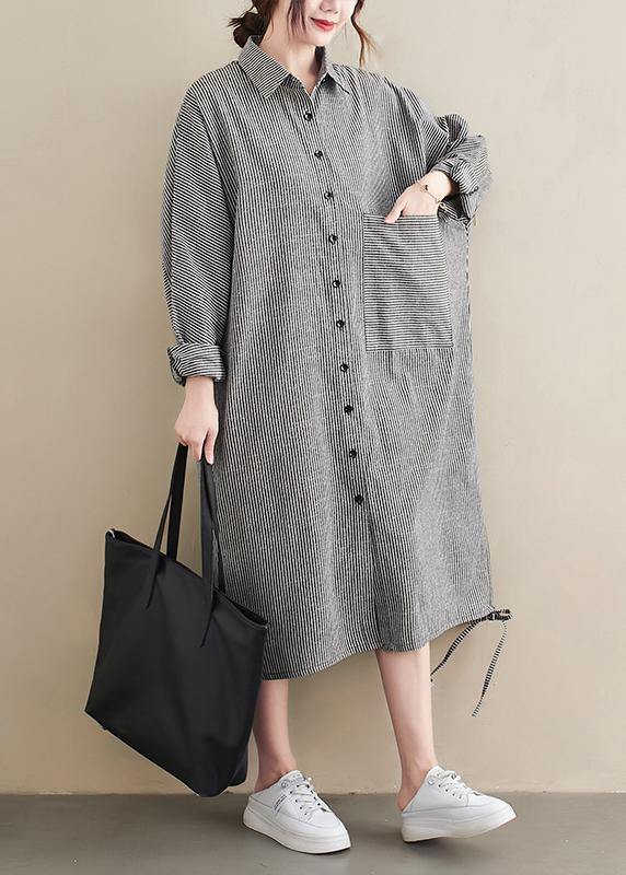 Loose Grey Striped Turn-down Colla Maxi Spring Cotton Dress - SooLinen