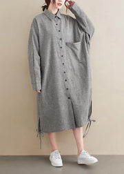 Loose Grey Striped Turn-down Colla Maxi Spring Cotton Dress - SooLinen