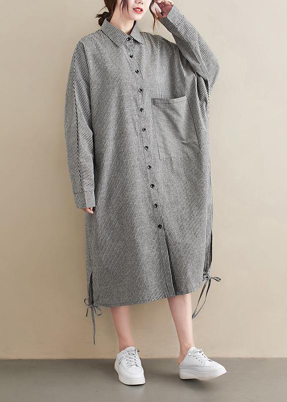 Loose Grey Striped Turn-down Colla Maxi Spring Cotton Dress - SooLinen