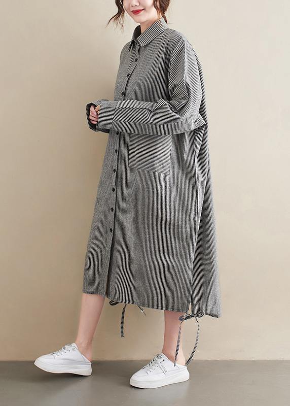 Loose Grey Striped Turn-down Colla Maxi Spring Cotton Dress - SooLinen