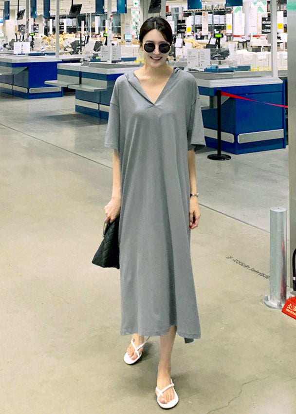 Loose Grey V Neck Side Open Cotton Dress Short Sleeve