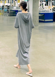 Loose Grey V Neck Side Open Cotton Dress Short Sleeve