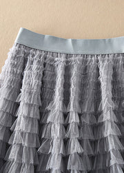 Loose Grey elastic waist Patchwork Tulle Skirt Spring