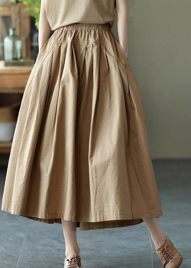 Loose Khaki Pockets Wrinkled Elastic Waist Cotton Skirt Summer