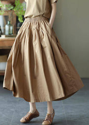 Loose Khaki Pockets Wrinkled Elastic Waist Cotton Skirt Summer