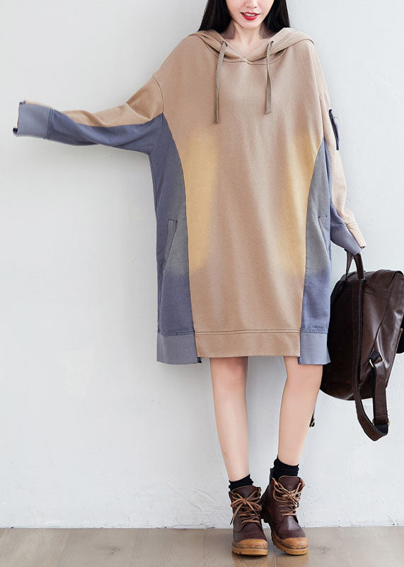 Loose Khaki hooded Asymmetrical Pockets Patchwork Sweatshirts dresses Spring