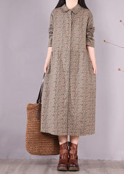 Loose Lapel Button Down Spring Dress Women Christmas Gifts Gray Print Blouses - SooLinen