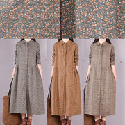 Loose Lapel Button Down Spring Dress Women Christmas Gifts Gray Print Blouses - SooLinen