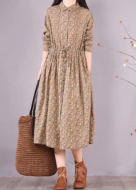 Loose Lapel Drawstring Spring Tunic Pattern Sewing Khaki Print Maxi Dresses - SooLinen