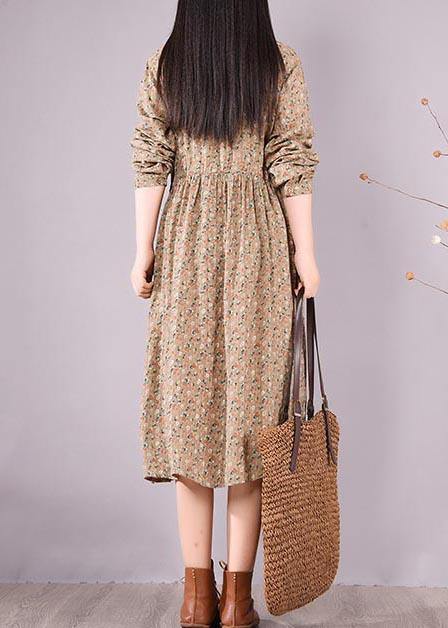 Loose Lapel Drawstring Spring Tunic Pattern Sewing Khaki Print Maxi Dresses - SooLinen