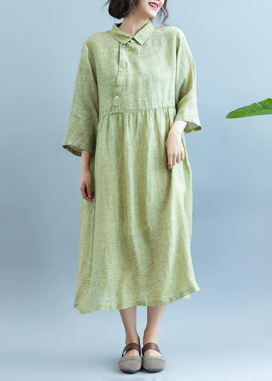 Loose Light Green cotton Quilting Clothes Lapel  cotton Summer Dress - SooLinen