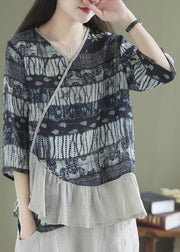 Loose Navy Asymmetrical Print Shirt Tops Half Sleeve