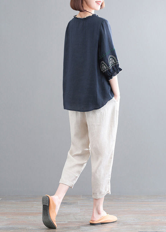 Loose Navy O-Neck Top And Corp Pants Two-Piece Set Summer