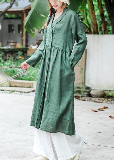 Loose Notched Tie Waist Spring Quilting Clothes Work Blackish Green Robe Dress - SooLinen