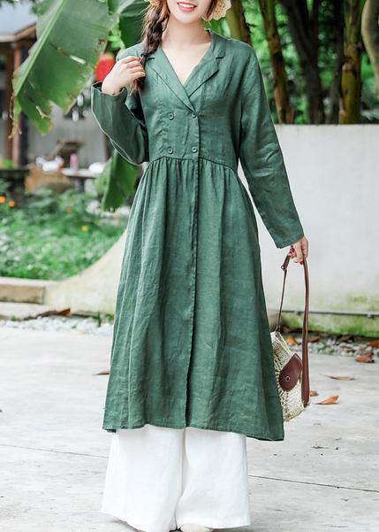 Loose Notched Tie Waist Spring Quilting Clothes Work Blackish Green Robe Dress - SooLinen