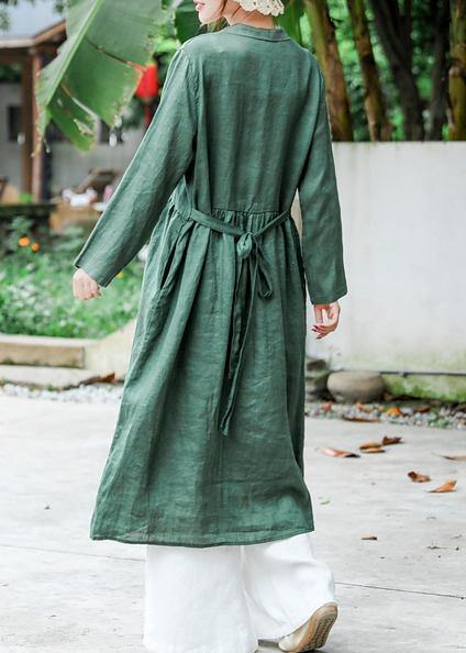 Loose Notched Tie Waist Spring Quilting Clothes Work Blackish Green Robe Dress - SooLinen