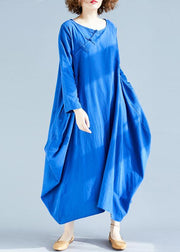 Loose O Neck Asymmetric Spring Wardrobes Fabrics Blue A Line Dress - SooLinen