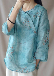 Loose O Neck Half Sleeve Shirts Blue Print Shirt - SooLinen