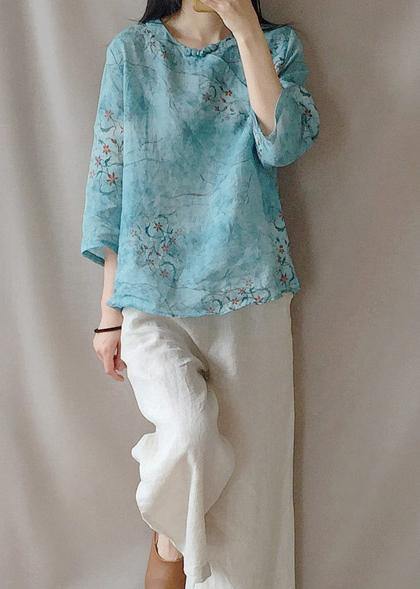 Loose O Neck Half Sleeve Shirts Blue Print Shirt - SooLinen