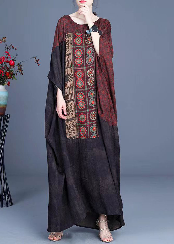 Loose O-Neck Patchwork Asymmetrical Design Print Silk Long Dresses Batwing Sleeve