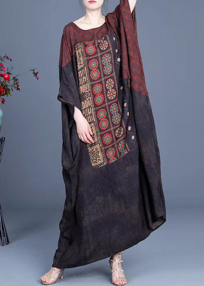 Loose O-Neck Patchwork Asymmetrical Design Print Silk Long Dresses Batwing Sleeve