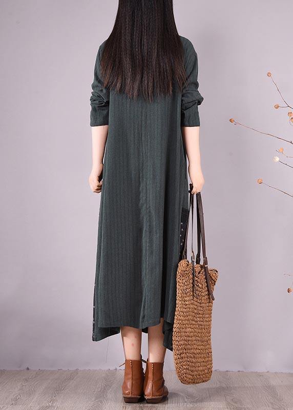 Loose O Neck Pockets Spring Clothes Design Blackish Green Patchwork Print Dresses - SooLinen