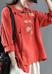 Loose Orange Embroidered Floral Linen Top Half Sleeve