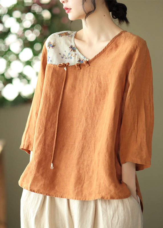 Loose Orange Oriental O-Neck Patchwork Linen Tops Bracelet Sleeve