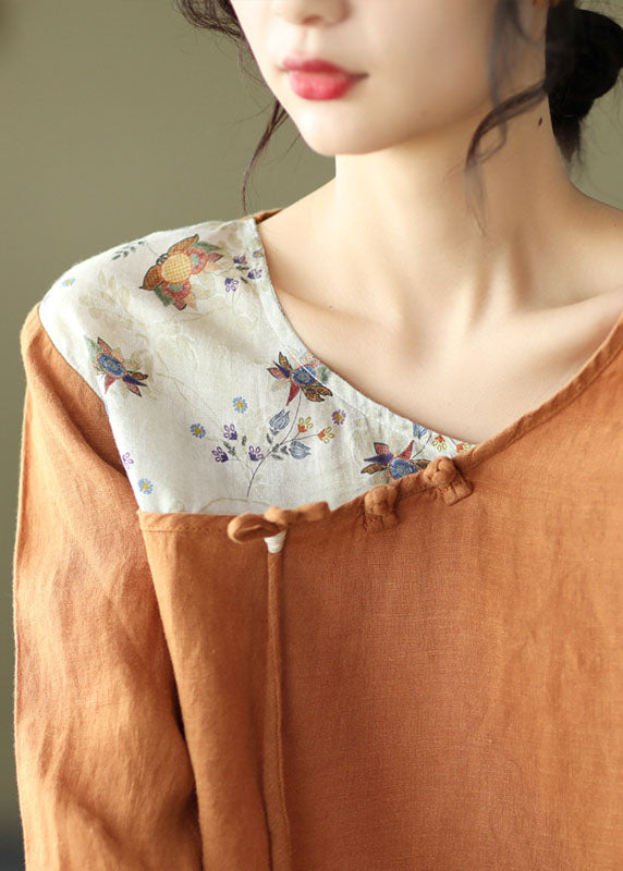 Loose Orange Oriental O-Neck Patchwork Linen Tops Bracelet Sleeve