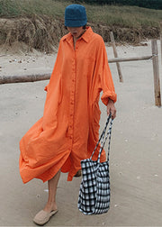 Loose Orange Peter Pan Collar Button Pockets Cotton Dress Long Sleeve